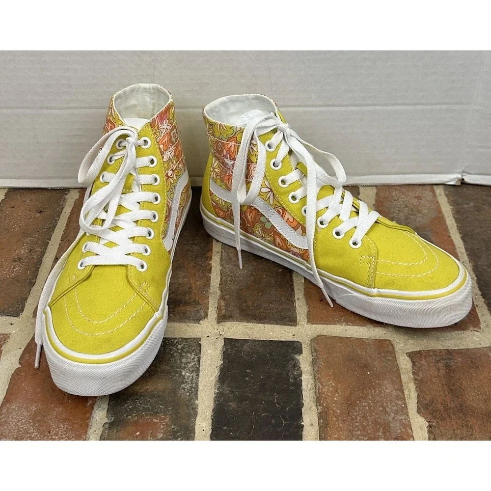 Vans Sk8-Hi Tapered Yellow High Top Sneakers Retro 70s Floral Paisley Shoes Wm 8